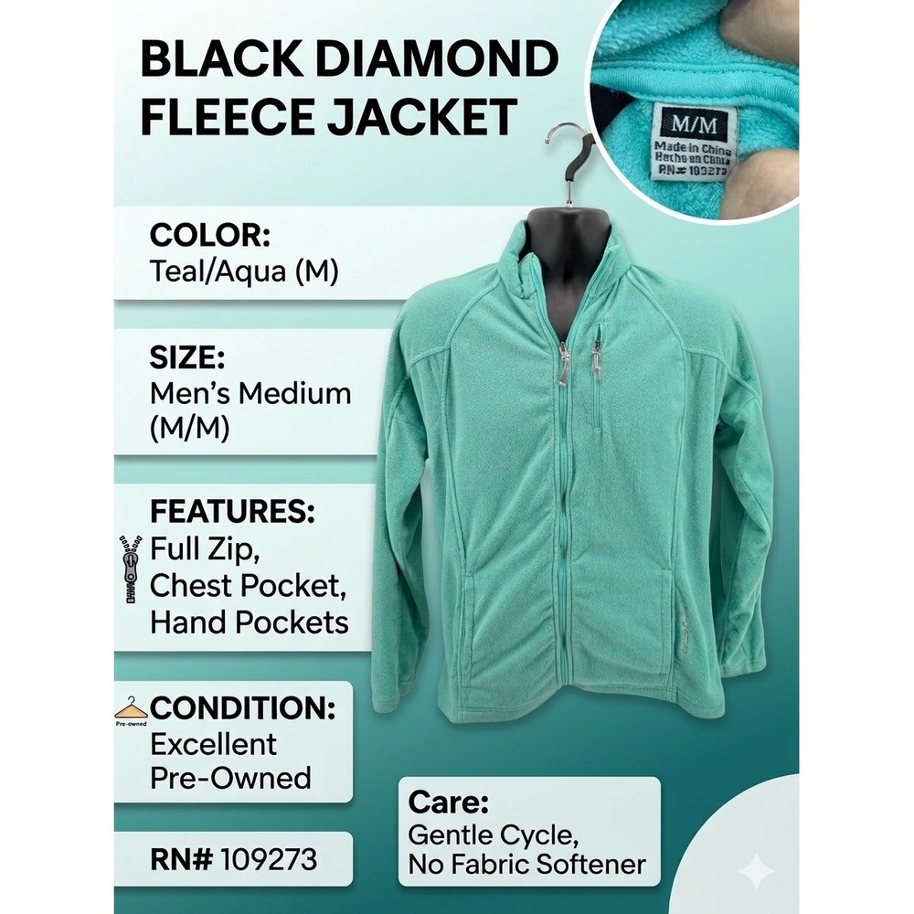 Black Diamond Fleece Jacket Mens Med Teal Aqua‎ Excellent Full Zip Chest Pocket